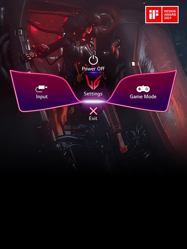 Moniteur gaming LG avec menu de réglages violet, illustrant les commandes de l'interface GUI.