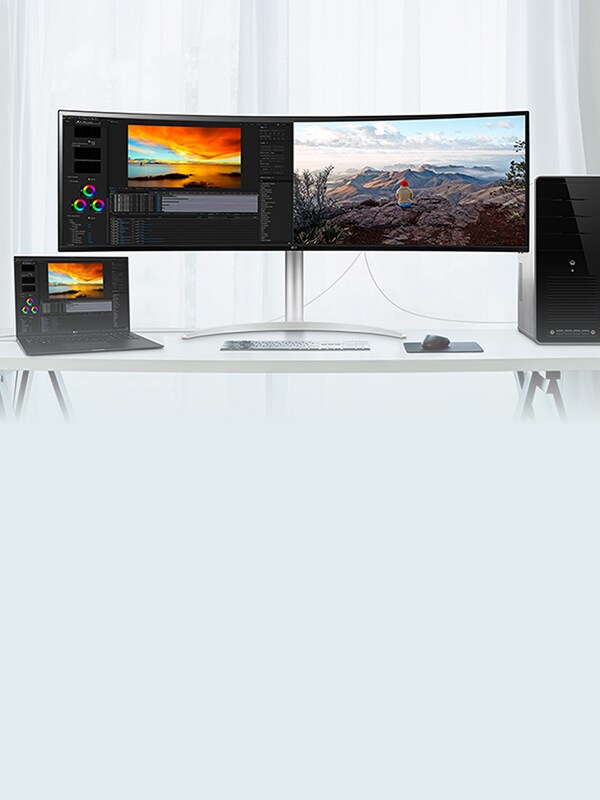 Configuration de moniteur LG avec clavier et souris partagés, illustrant le contrôle KVM.