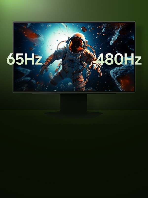 Moniteur de jeu LG comparant une scène d'astronaute 65Hz floue et 480Hz nette illustre la différence de clarté de mouvement.