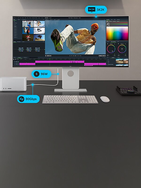 Configuration LG avec 5K2K, 96W et 80Gbps illustre la connectivité et le transfert de données Thunderbolt 5.