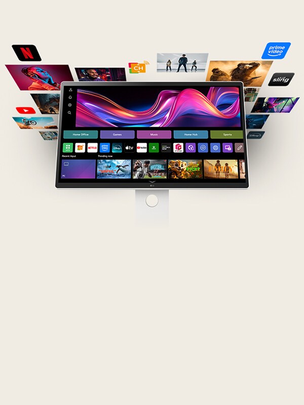 Moniteur intelligent LG montrant l'écran d'accueil webOS avec cartes d'applis illustre l'interface intelligente.