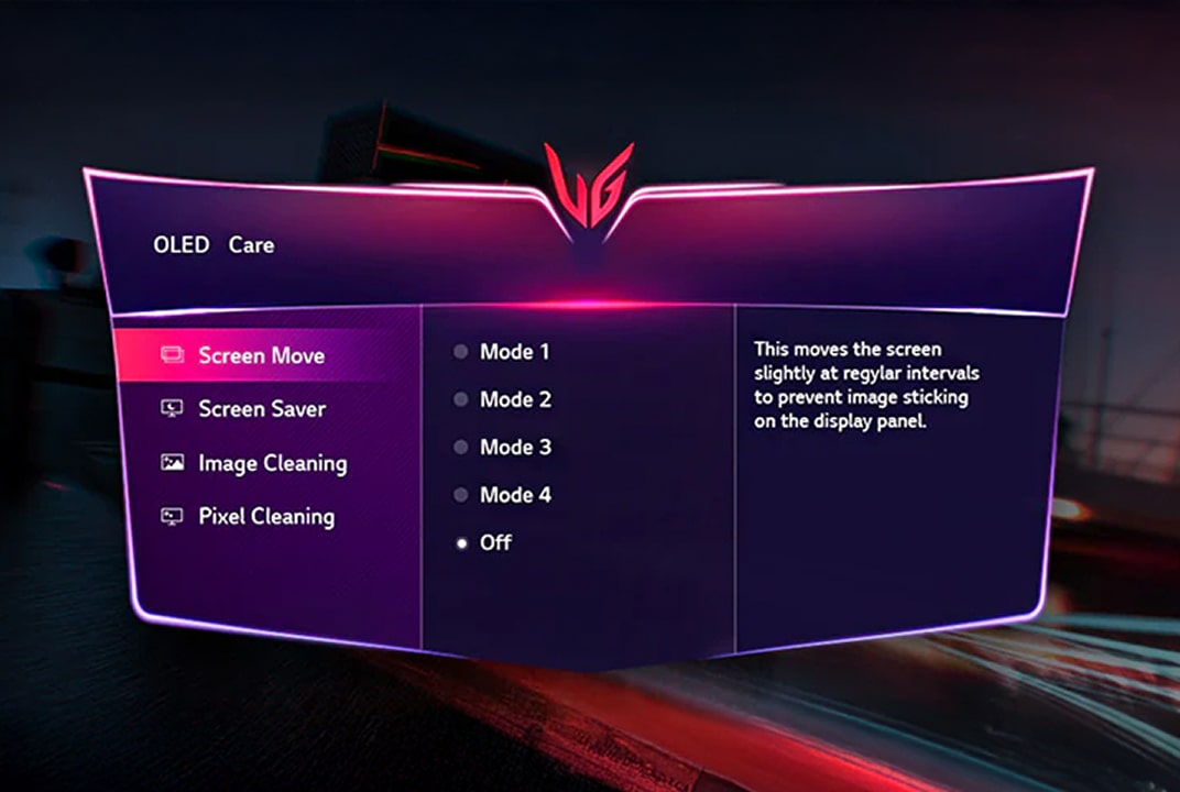 Le menu OLED Care affiché à l’écran du moniteur LG présente des options telles que Déplacement de l’écran, Économiseur d’écran, Nettoyage d’image et Nettoyage des pixels, avec différents modes permettant d’éviter la persistance d’images sur la dalle.