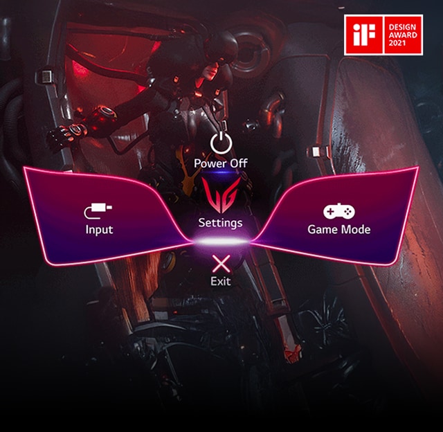 L’affichage à l’écran du moniteur LG UltraGear montre l’interface Gaming GUI avec les options Input, Settings, Game Mode, Power Off et Exit, sur un fond présentant un personnage de jeu futuriste, accompagné du logo iF Design Award 2021.