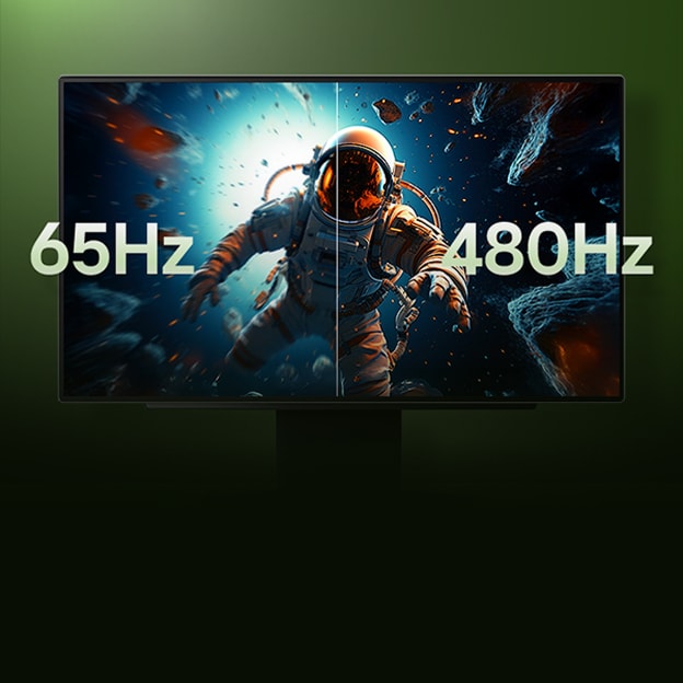 Une comparaison de la fréquence de rafraîchissement des moniteurs gaming illustre les performances entre 65 Hz et 480 Hz dans une scène de jeu mettant en scène un astronaute.