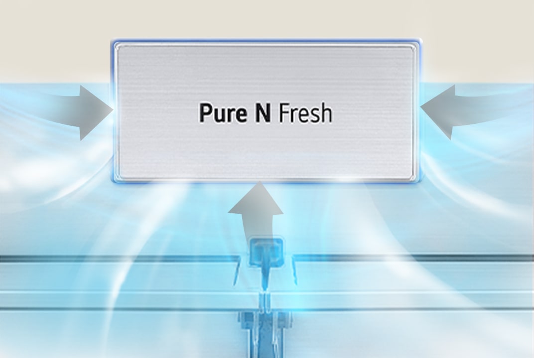 Pure N Fresh et une flèche grise sont mis en évidence, indiquant que les mauvaises odeurs sont aspirées vers le système Pure N Fresh.