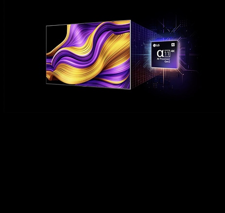 Sur l’écran d’une LG OLED evo AI TV, une image abstraite présente des détails, des couleurs et un contraste impressionnants. Derrière la TV, une version agrandie du Processeur AI α11 Gen2 brille, illuminant les circuits du microprocesseur autour de lui. Le titre affiche LG OLED evo AI, accompagné du texte powered by LG α11 AI Processor Gen2.