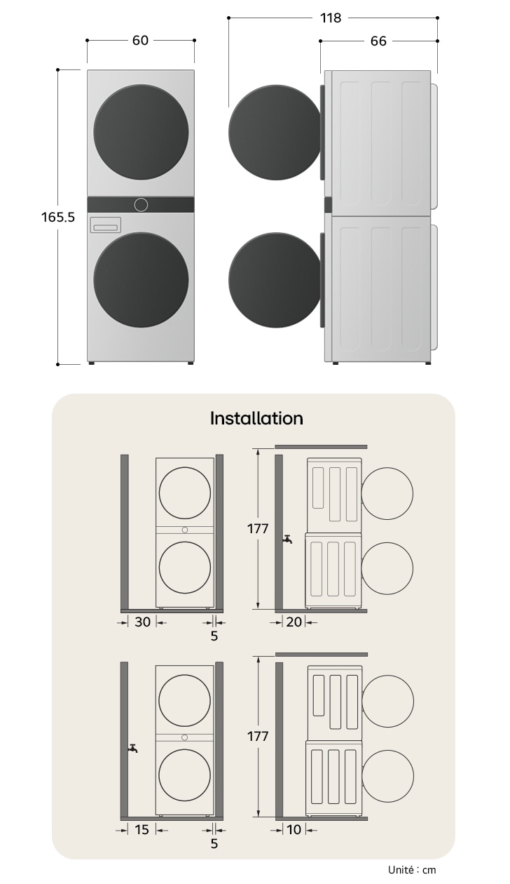 Dessin technique de la LG WashTower® : L 600 mm, H 1655 mm, P 660 mm (porte ouverte 1180 mm), avec espaces d'installation.