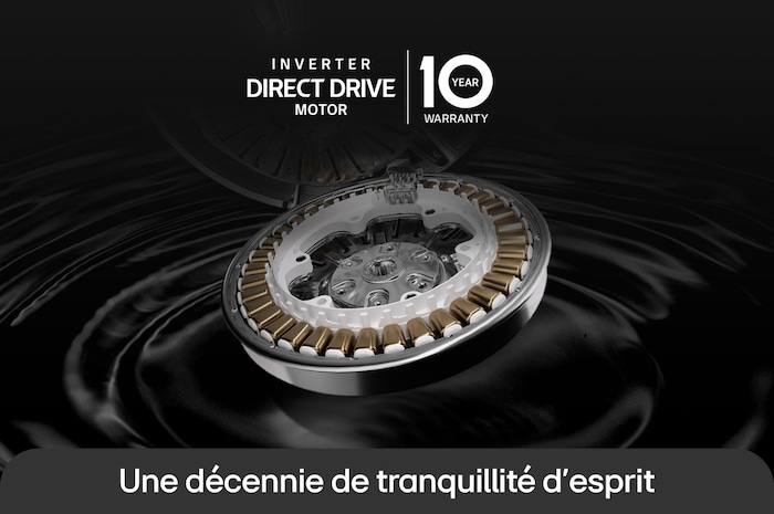 Moteur Inverter Direct Drive du lave-linge LG F954B15WHS illustrant la technologie durable avec une garantie de 10 ans.