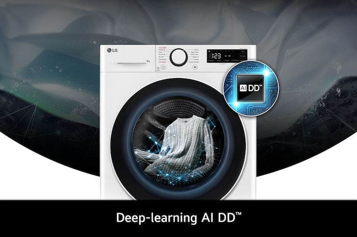Technologie Deep-learning AI DD du lave-linge LG F94R50WHS optimisant les mouvements du tambour pour protéger le linge.
