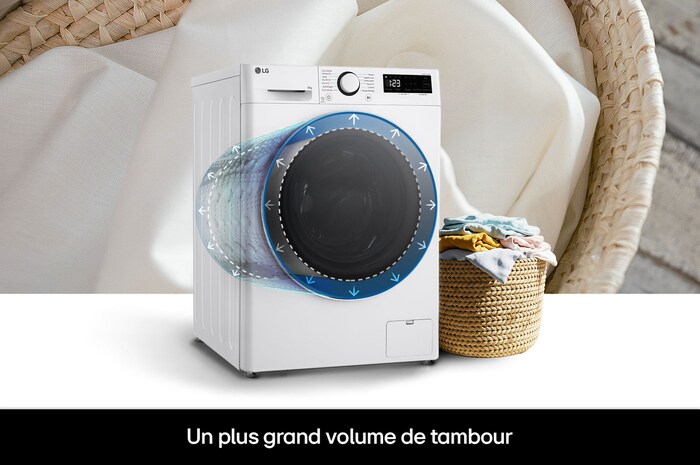 Tambour de plus grande capacité du lave-linge LG F94R50WHS permettant de laver plus de linge dans des dimensions standard.