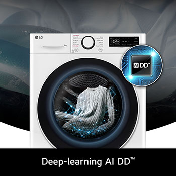 Technologie Deep-learning AI DD du lave-linge LG F94R50WHS optimisant les mouvements du tambour pour protéger le linge.