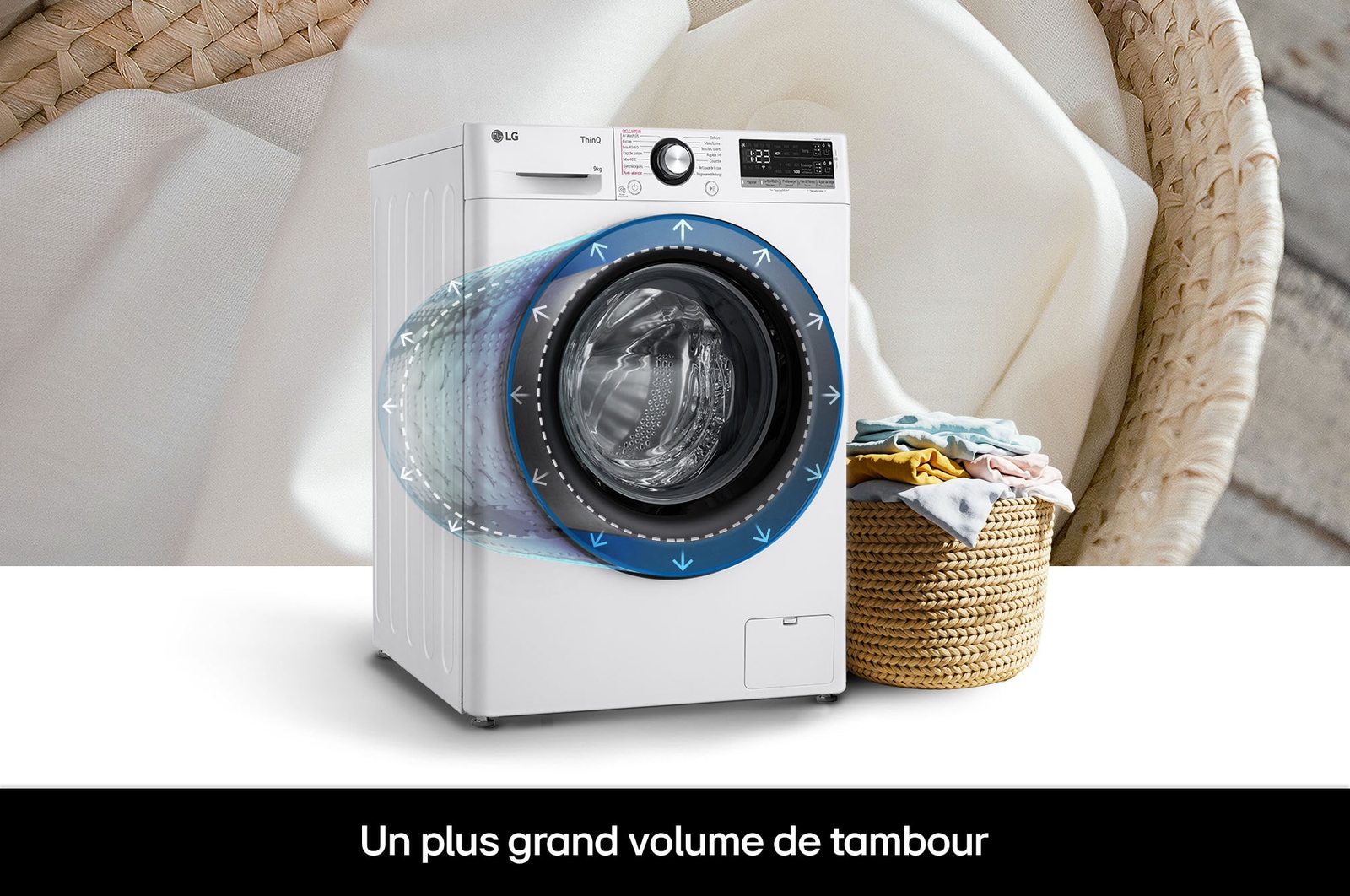 Tambour de plus grande capacité du lave-linge LG F94R35WHS permettant de laver plus de linge dans des dimensions standard.