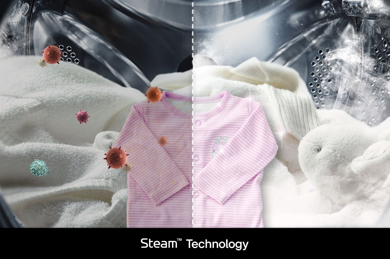 Technologie Vapeur du lave-linge LG F94R35WHS éliminant les allergènes et les bactéries pour un linge hygiénique.