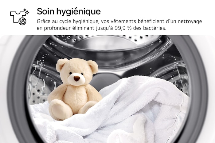 Cycle Soin hygiénique du lave-linge LG F84N15WHS éliminant 99,9 % des bactéries pour un nettoyage en profondeur.