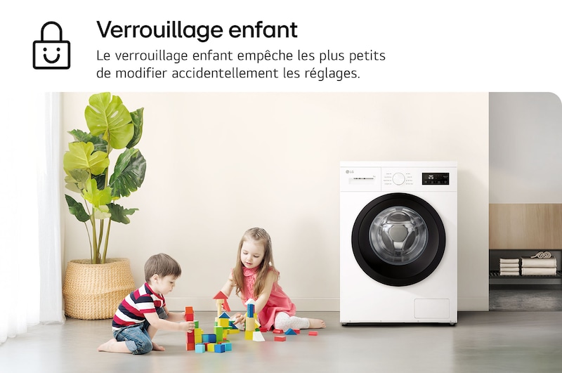 Fonction Verrouillage enfant du lave-linge LG F84N15WHS sécurisant les réglages contre les modifications accidentelles.