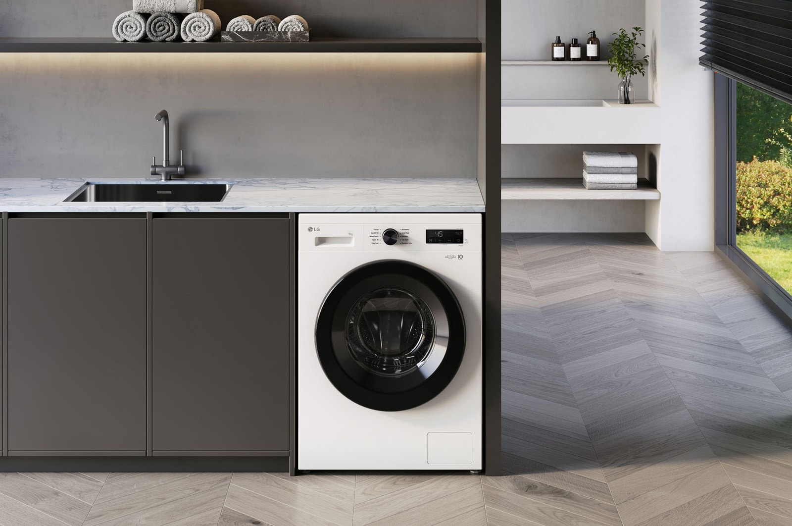 Lave-linge séchant LG F84B15WHS blanc installé sous un plan de travail moderne, doté d'un hublot noir élégant.