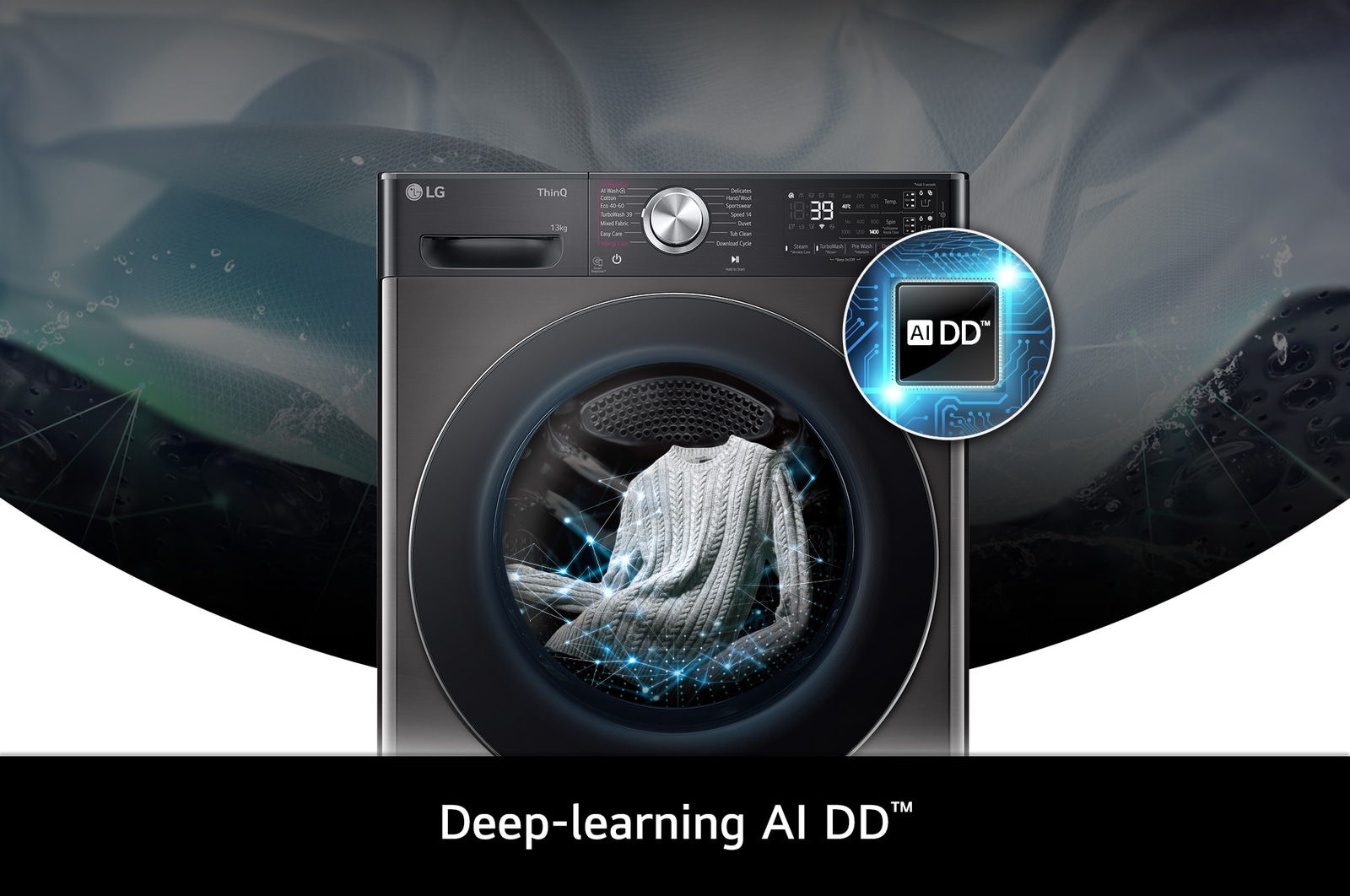 Gros plan sur le lave-linge LG F34R92BSTA de 13 kg en Platinum Black, doté de la technologie d'apprentissage en profondeur AI DD™.