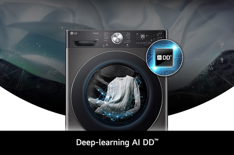 Gros plan sur le lave-linge LG F34R92BSTA de 13 kg en Platinum Black, doté de la technologie d'apprentissage en profondeur AI DD™.