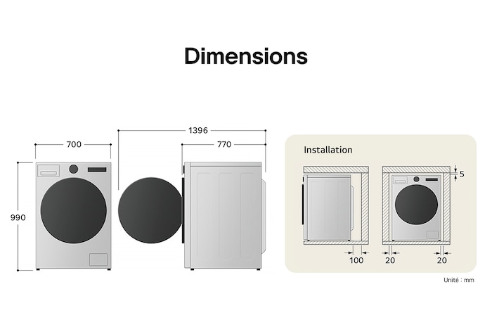 Schéma technique du lave-linge 20 kg LG F20P12WST indiquant une hauteur de 990 mm, une largeur de 700 mm et une profondeur de 770 mm.