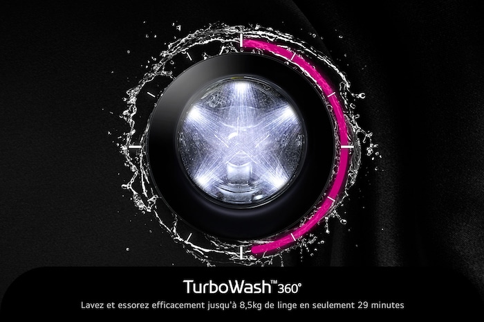 Technologie TurboWash 360 du lave-linge 20 kg LG F20P12WST nettoyant le linge efficacement en seulement 29 minutes.