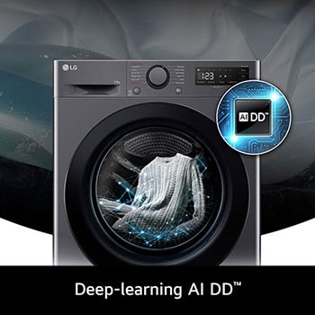 Technologie AI DD du lave-linge 10 kg LG F14R35MBS optimisant les mouvements du tambour pour protéger le linge.