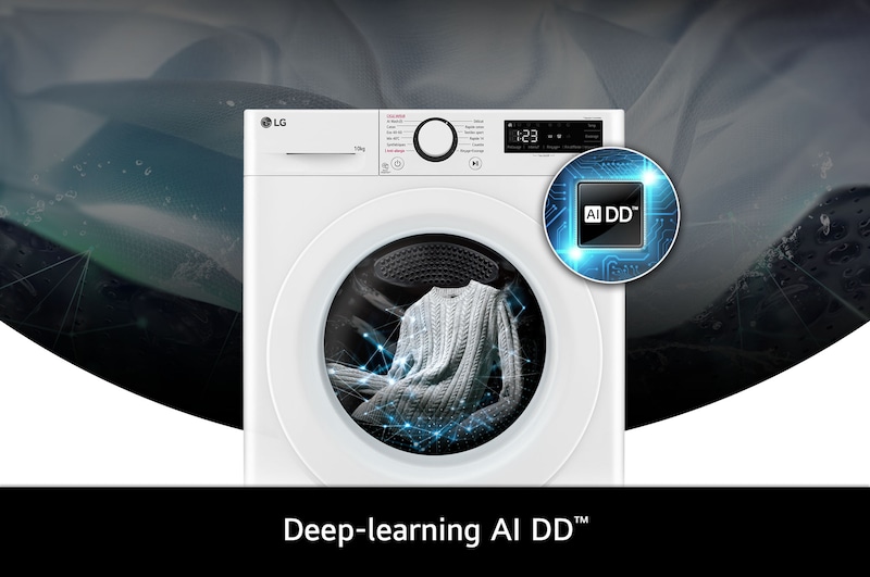 Technologie AI DD du lave-linge 10 kg LG F14R33WHS optimisant les mouvements du tambour pour protéger le linge.