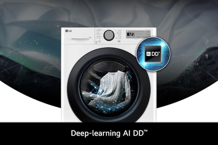 Technologie Deep-learning AI DD du lave-linge LG F14R15WHS optimisant les mouvements du tambour pour protéger le linge.