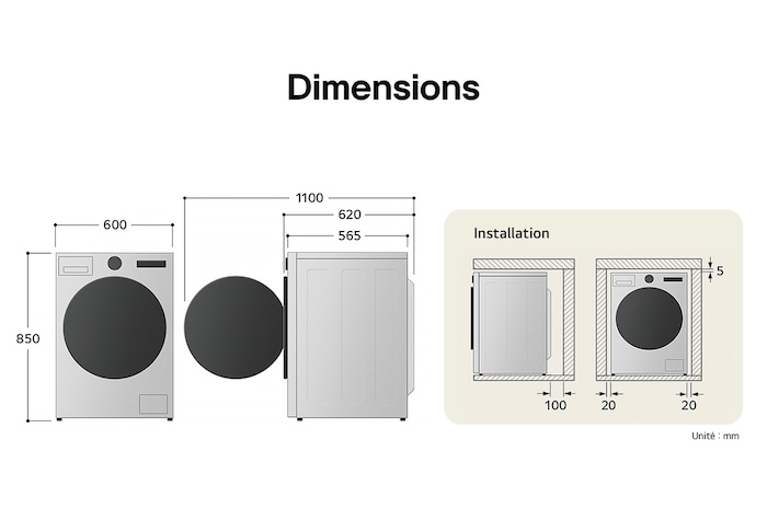 Schéma technique du lave-linge 9/6 kg LG F964R33WR indiquant une hauteur de 850 mm, une largeur de 600 mm et une profondeur de 565 mm.