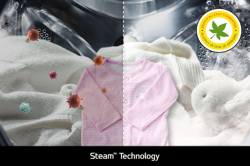 La technologie Steam™ de LG dans le lave-linge F374R92WSTA, montrant son effet sur la réduction des allergènes, certifiée par la BAF.