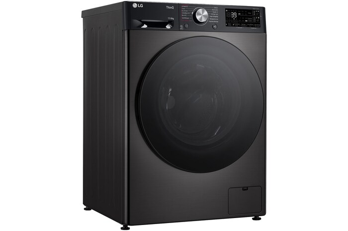 Lave-linge 11/6 kg LG F164R78BSTA finition Noir Acier, vu de gauche avec un design élégant.