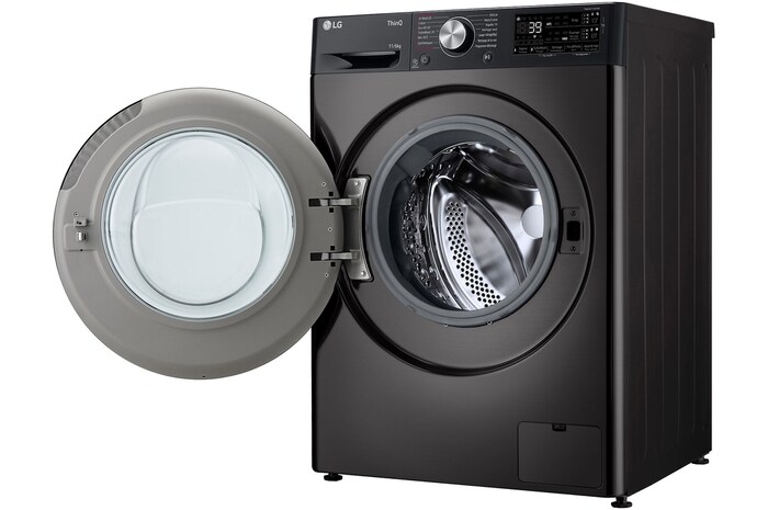 Lave-linge 11/6 kg LG F164R78BSTA vu de droite avec le hublot ouvert pour un accès facile.
