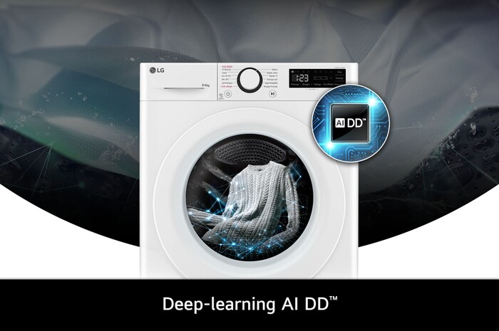 Technologie AI DD du lave-linge 10/6 kg LG F164R33WRS optimisant les mouvements du tambour pour protéger le linge.
