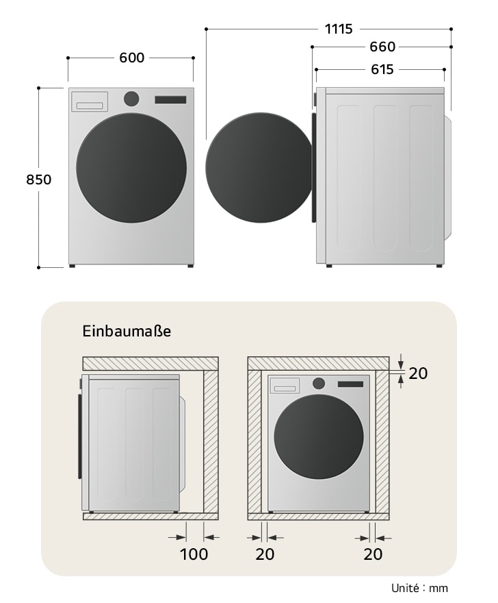 Guide des dimensions d'installation pour le sèche-linge 9 kg LG RH9V76WH avec des mesures de 600 mm x 850 mm x 615 mm.