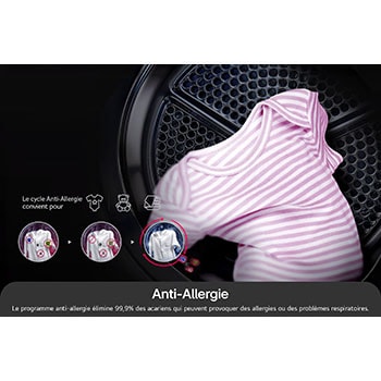 Cycle Anti-Allergie du sèche-linge LG RH9V76WH éliminant 99,9 % des acariens pour protéger les peaux sensibles.