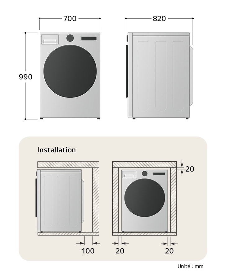 Guide des dimensions d'installation pour le sèche-linge 18 kg LG RH8P12WH avec des mesures de 700 mm x 990 mm x 770 mm.