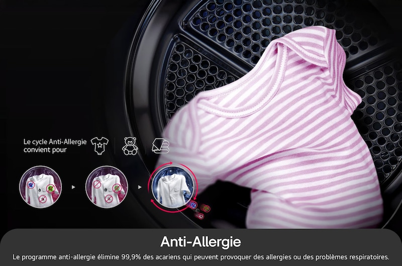 Cycle Anti-Allergie du sèche-linge 18 kg LG RH8P12WH éliminant 99,9 % des acariens pour protéger les peaux sensibles.