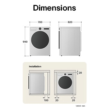 Schéma technique du sèche-linge 18 kg LG RH8P12WH indiquant une hauteur de 990 mm, une largeur de 700 mm et une profondeur de 770 mm.