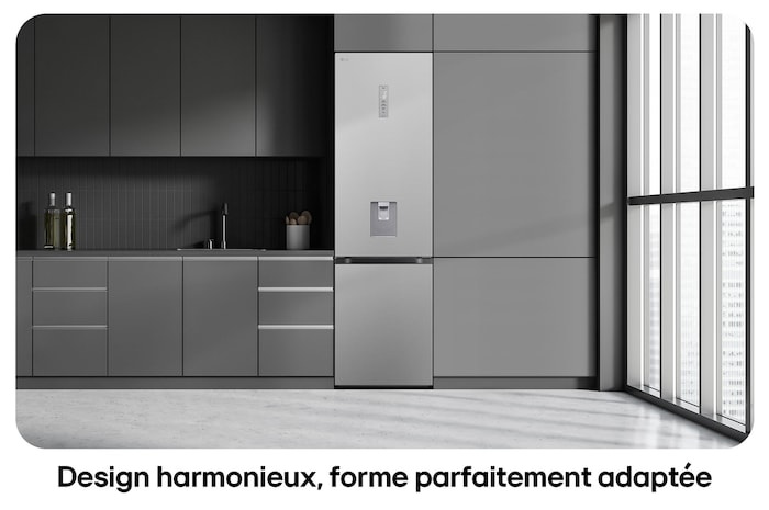 Réfrigérateur-congélateur LG GBF7272DPY Silver, illustre le Design Flat Door de 203 cm et l'intégration parfaite dans les meubles de cuisine modernes.