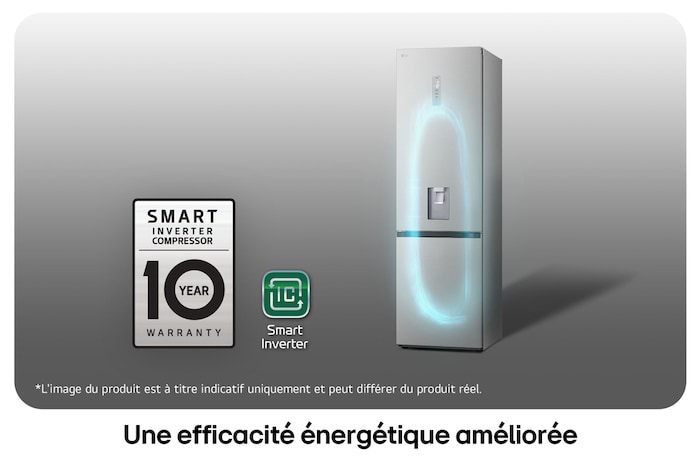 Réfrigérateur-congélateur LG GBF7272DPY avec le logo du Compresseur Smart Inverter, soulignant la garantie de 10 ans et l'efficacité énergétique.