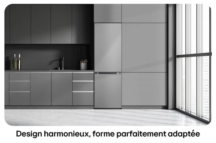 Réfrigérateur-congélateur LG GBV3100DPY Silver, illustre le Design Modern Flat Door et l'intégration parfaite dans les meubles de cuisine.