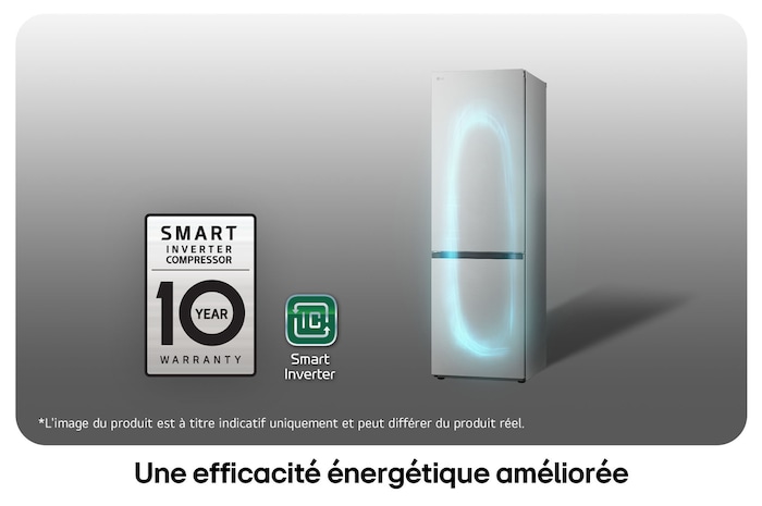 Réfrigérateur-congélateur LG GBV3100DPY avec le logo du Compresseur Smart Inverter, soulignant la garantie de 10 ans et l'efficacité énergétique.