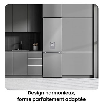 Réfrigérateur-congélateur LG GBF3102DPY Silver, illustre le Design Modern Flat Door et l'intégration parfaite dans les meubles de cuisine.