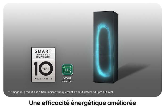 Réfrigérateur-congélateur LG GBV22NCDEP avec le logo du Compresseur Smart Inverter, soulignant la garantie de 10 ans et l'efficacité énergétique.