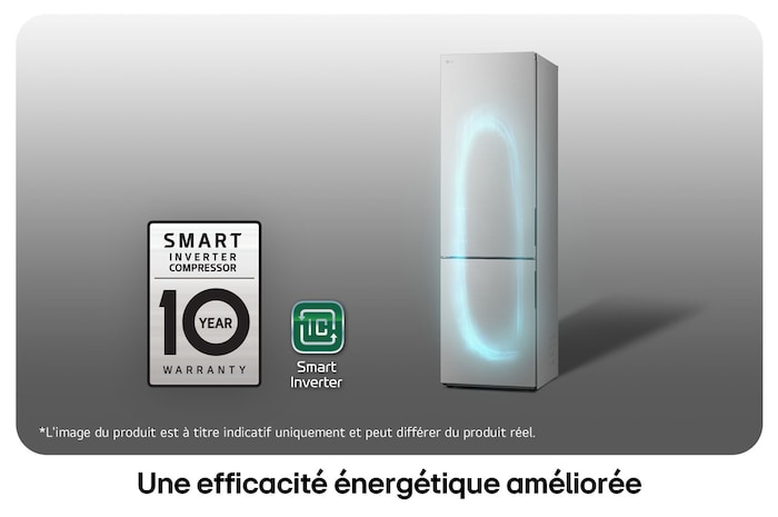 Réfrigérateur-congélateur LG GBV22NCDPY avec le logo du Compresseur Smart Inverter, soulignant la garantie de 10 ans et l'efficacité énergétique.