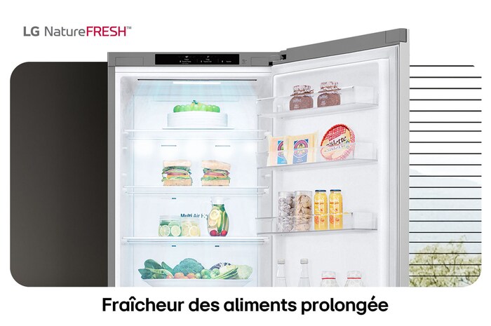 Réfrigérateur-congélateur LG GBV22NCDPY illustre l'intérieur NatureFRESH avec porte-bouteilles et bacs à légumes para une fraîcheur longue durée.