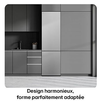 Réfrigérateur-congélateur LG GBV22NCDPY Silver, illustre le Design Flat Door de 203 cm et l'intégration parfaite dans les meubles de cuisine modernes.
