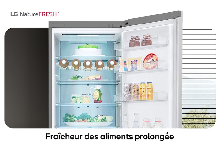Réfrigérateur-congélateur LG GBV5250EPY illustre l'intérieur NatureFRESH avec porte-bouteilles et bacs à légumes para une fraîcheur longue durée.