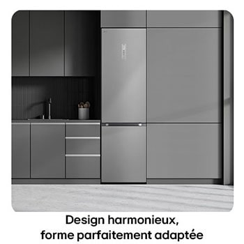 Réfrigérateur-congélateur LG GBV5250EPY Silver, illustre le Design Flat Door de 203 cm et l'intégration parfaite dans les meubles de cuisine modernes.