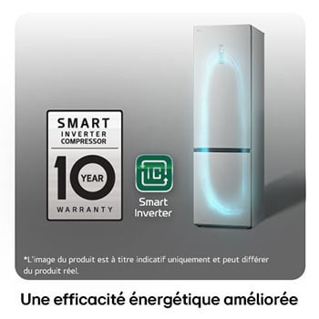 Réfrigérateur-congélateur LG GBV5250EPY avec le logo du Compresseur Smart Inverter, soulignant la garantie de 10 ans et l'efficacité énergétique.