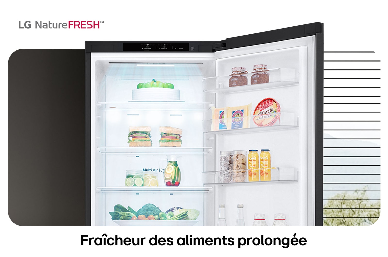 Réfrigérateur-congélateur LG GBV22NCCEP illustre l'intérieur NatureFRESH avec porte-bouteilles et bacs à légumes para une fraîcheur longue durée.